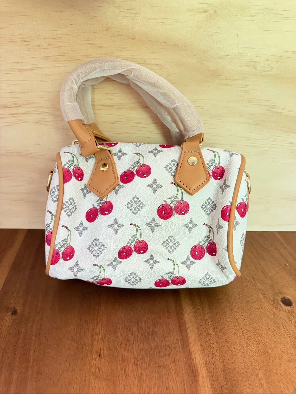 White Cherry Print Boston Handbag with Tan Accents - Picture 2 of 4